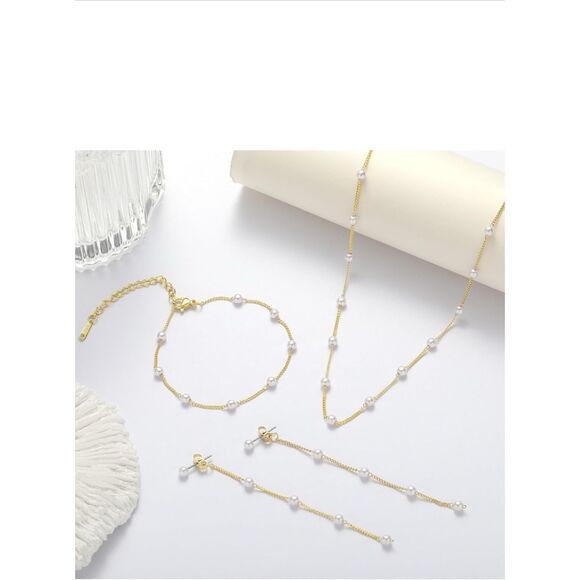 14 K Gold Plated and Faux Pearl Three Piece Jewelry Suite - Picture 4 of 5
